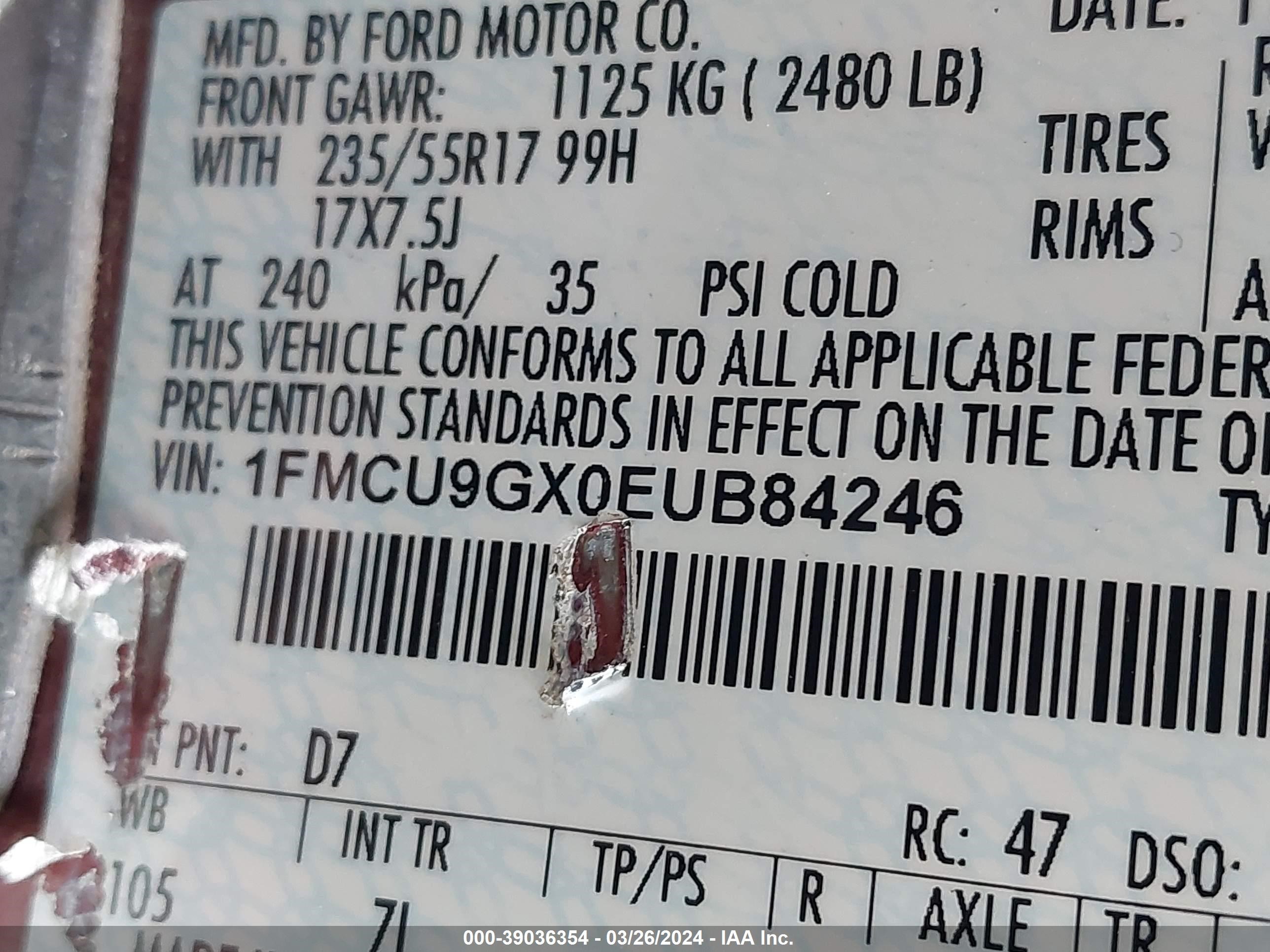 Photo 8 VIN: 1FMCU9GX0EUB84246 - FORD ESCAPE 