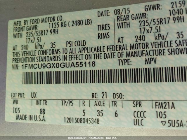 Photo 8 VIN: 1FMCU9GX0GUA55118 - FORD ESCAPE 