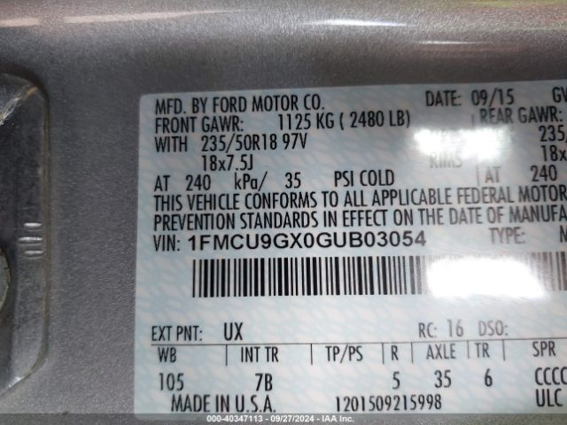 Photo 8 VIN: 1FMCU9GX0GUB03054 - FORD ESCAPE 