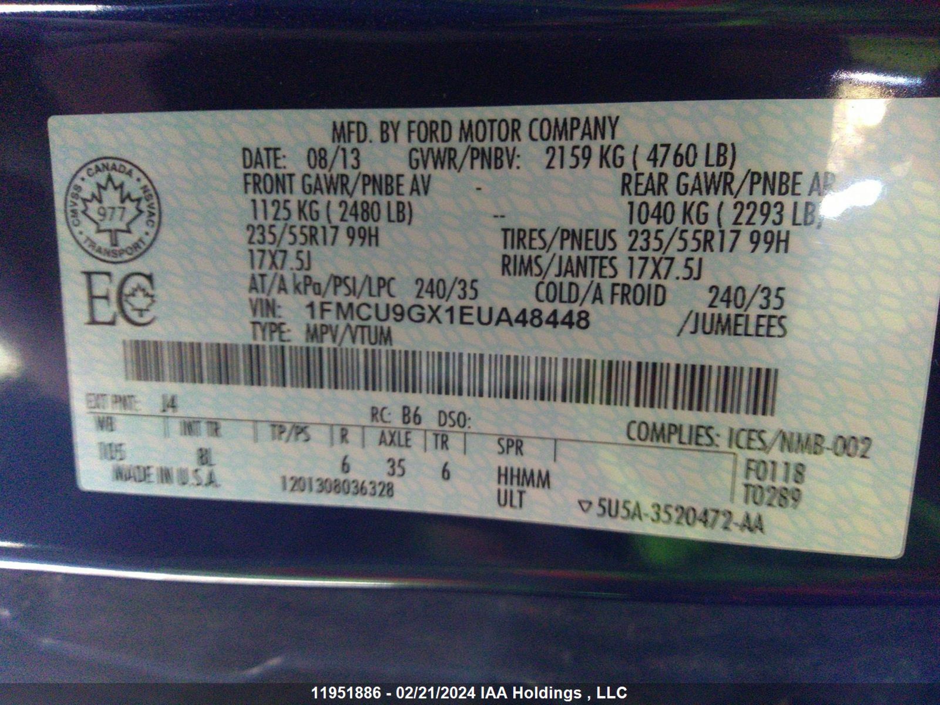 Photo 8 VIN: 1FMCU9GX1EUA48448 - FORD ESCAPE 