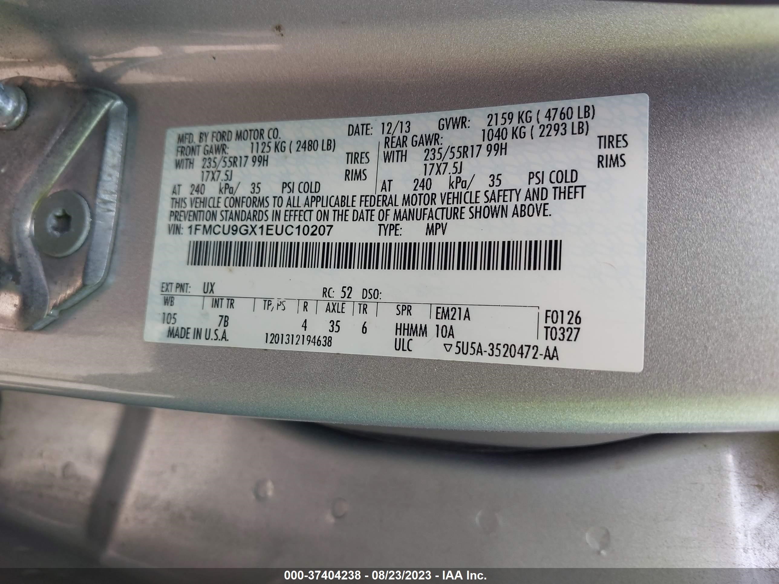 Photo 8 VIN: 1FMCU9GX1EUC10207 - FORD ESCAPE 