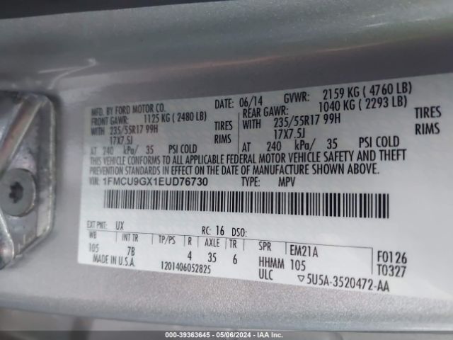 Photo 8 VIN: 1FMCU9GX1EUD76730 - FORD ESCAPE 