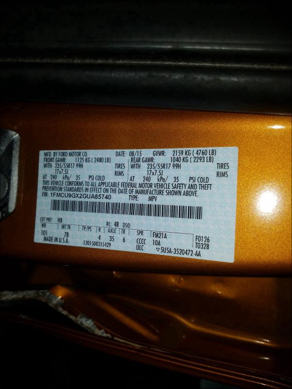 Photo 9 VIN: 1FMCU9GX2GUA85740 - FORD ESCAPE SE 