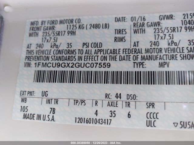 Photo 8 VIN: 1FMCU9GX2GUC07559 - FORD ESCAPE 