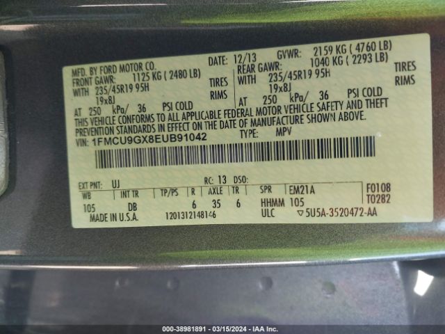 Photo 8 VIN: 1FMCU9GX3EUW91042 - FORD ESCAPE 