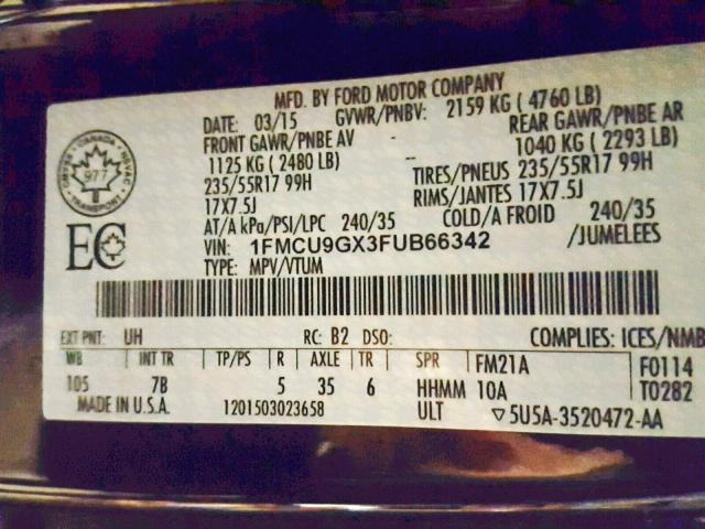 Photo 9 VIN: 1FMCU9GX3FUB66342 - FORD ESCAPE SE 