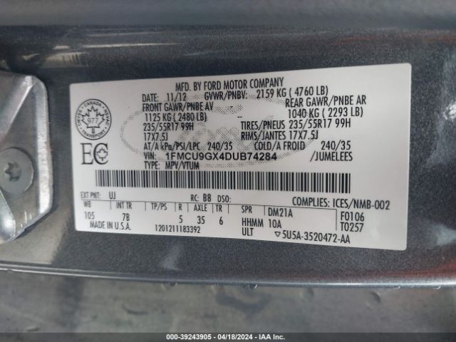 Photo 8 VIN: 1FMCU9GX4DUB74284 - FORD ESCAPE 