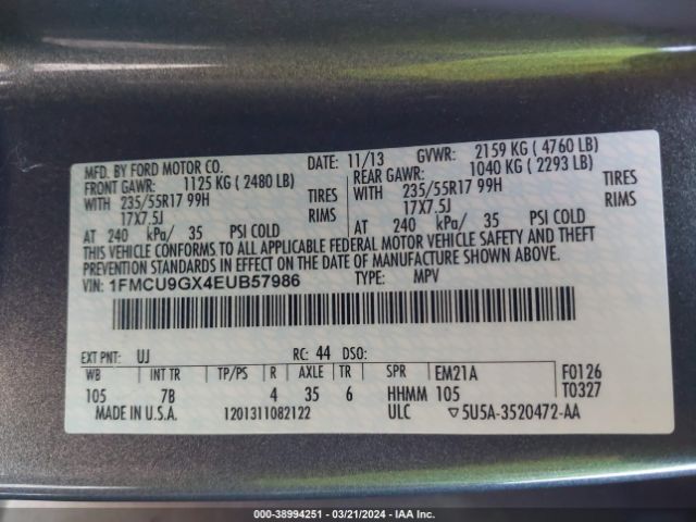 Photo 8 VIN: 1FMCU9GX4EUB57986 - FORD ESCAPE 