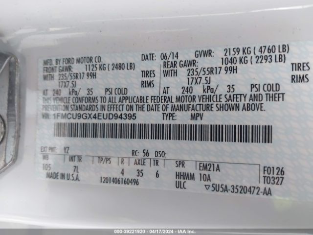 Photo 8 VIN: 1FMCU9GX4EUD94395 - FORD ESCAPE 