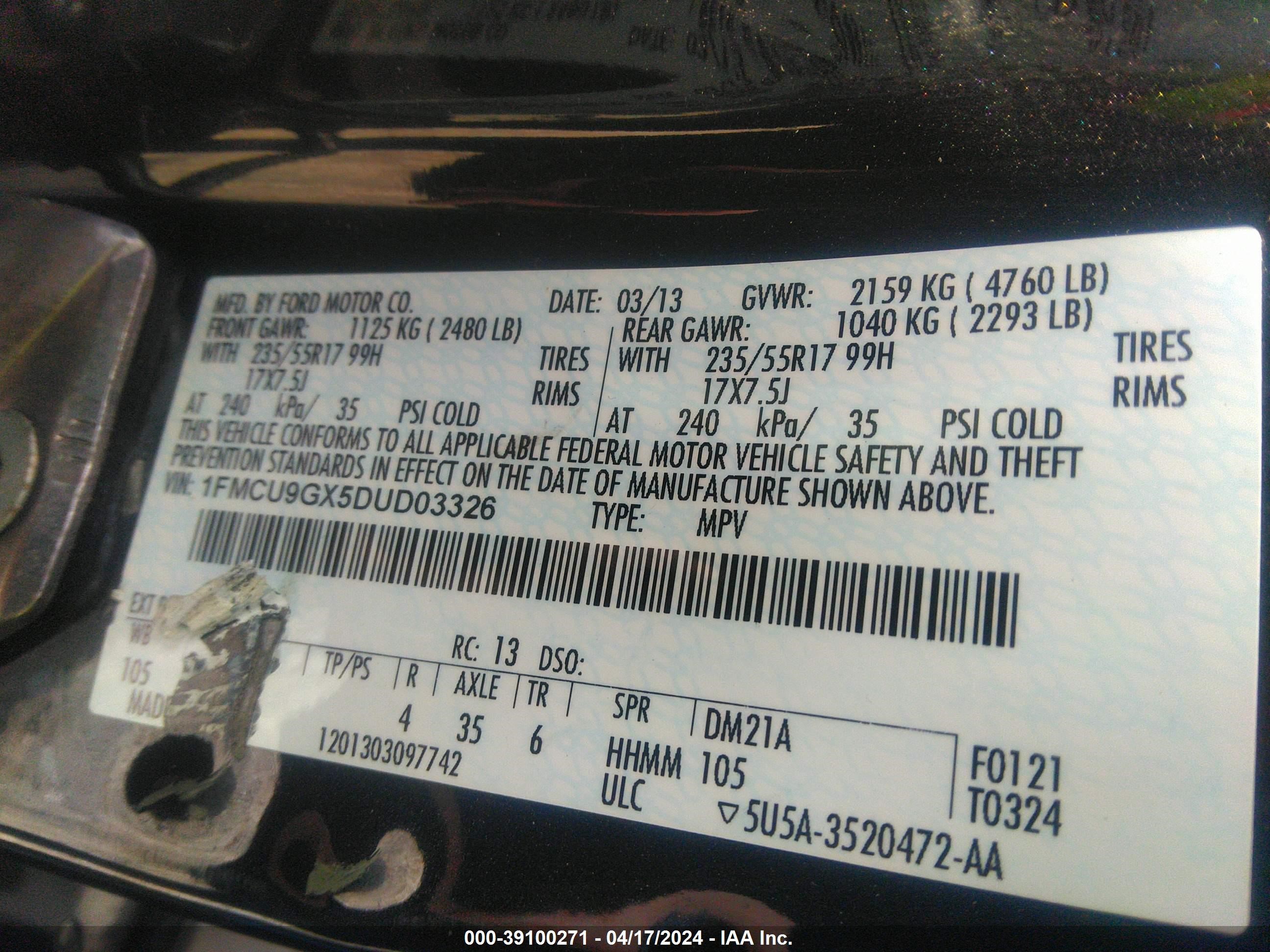 Photo 8 VIN: 1FMCU9GX5DUD03326 - FORD ESCAPE 