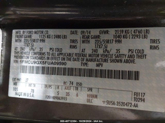 Photo 8 VIN: 1FMCU9GX5FUA09590 - FORD ESCAPE 