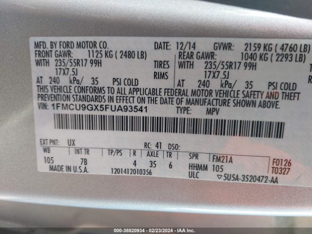 Photo 8 VIN: 1FMCU9GX5FUA93541 - FORD ESCAPE 