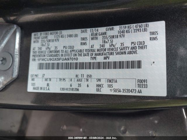 Photo 8 VIN: 1FMCU9GX5FUA97010 - FORD ESCAPE 