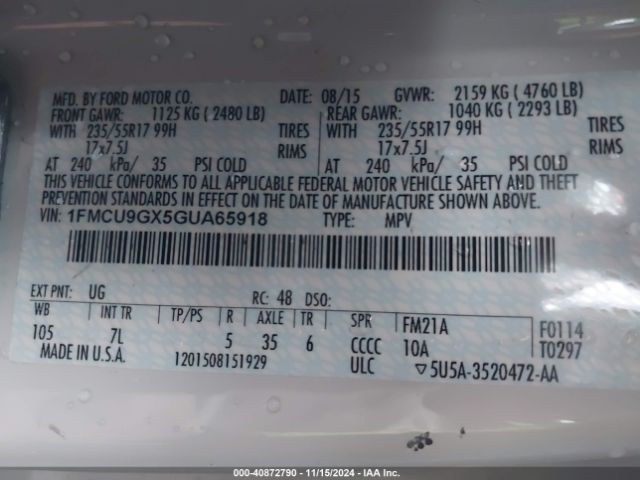 Photo 8 VIN: 1FMCU9GX5GUA65918 - FORD ESCAPE 