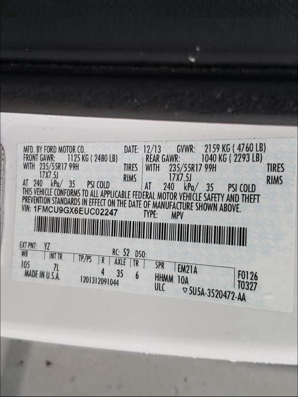 Photo 9 VIN: 1FMCU9GX6EUC02247 - FORD ESCAPE SE 