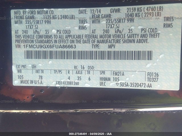 Photo 8 VIN: 1FMCU9GX6FUA86663 - FORD ESCAPE 