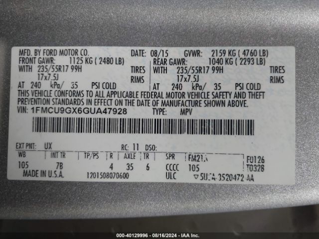 Photo 8 VIN: 1FMCU9GX6GUA47928 - FORD ESCAPE 