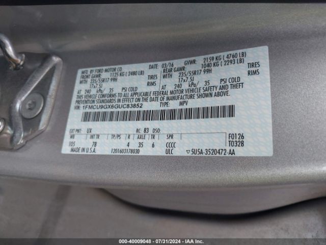 Photo 8 VIN: 1FMCU9GX6GUC83852 - FORD ESCAPE 