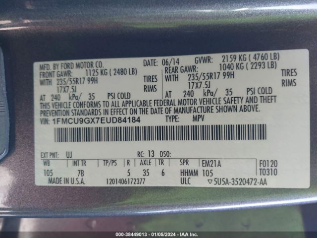 Photo 8 VIN: 1FMCU9GX7EUD84184 - FORD ESCAPE 