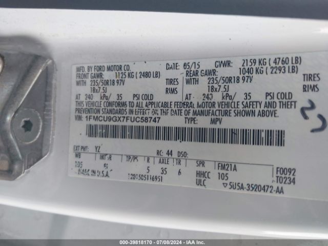 Photo 8 VIN: 1FMCU9GX7FUC58747 - FORD ESCAPE 