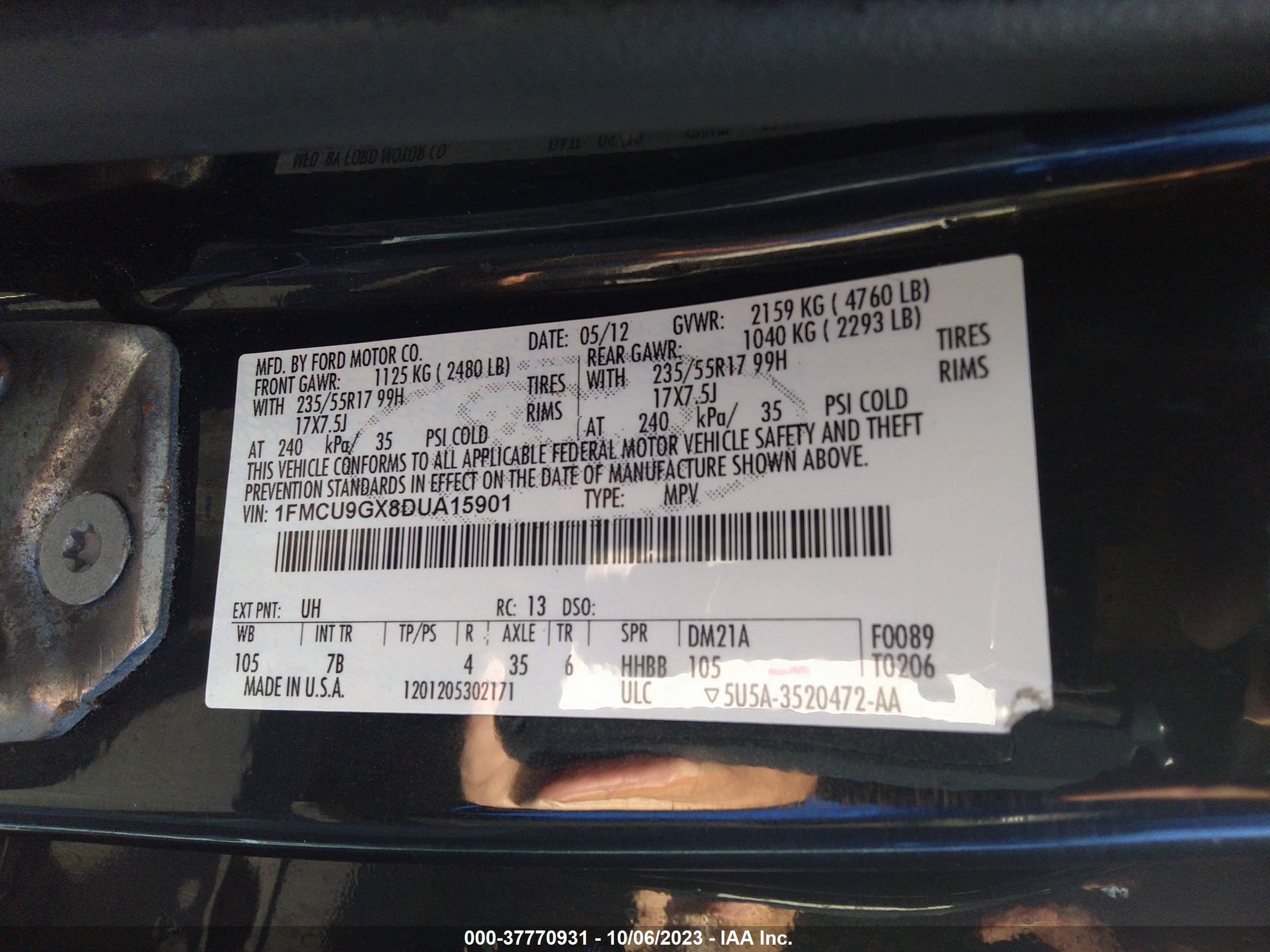 Photo 8 VIN: 1FMCU9GX8DUA15901 - FORD ESCAPE 