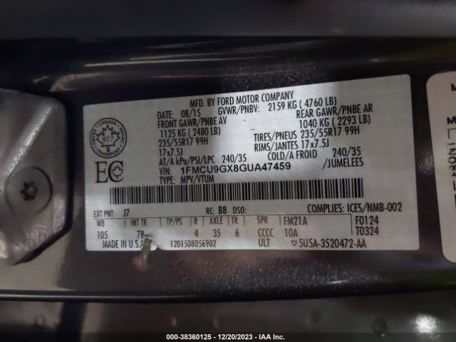 Photo 8 VIN: 1FMCU9GX8GUA47459 - FORD ESCAPE 