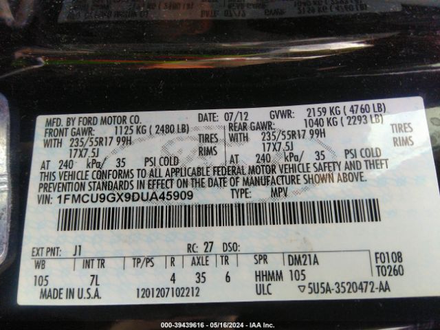 Photo 8 VIN: 1FMCU9GX9DUA45909 - FORD ESCAPE 