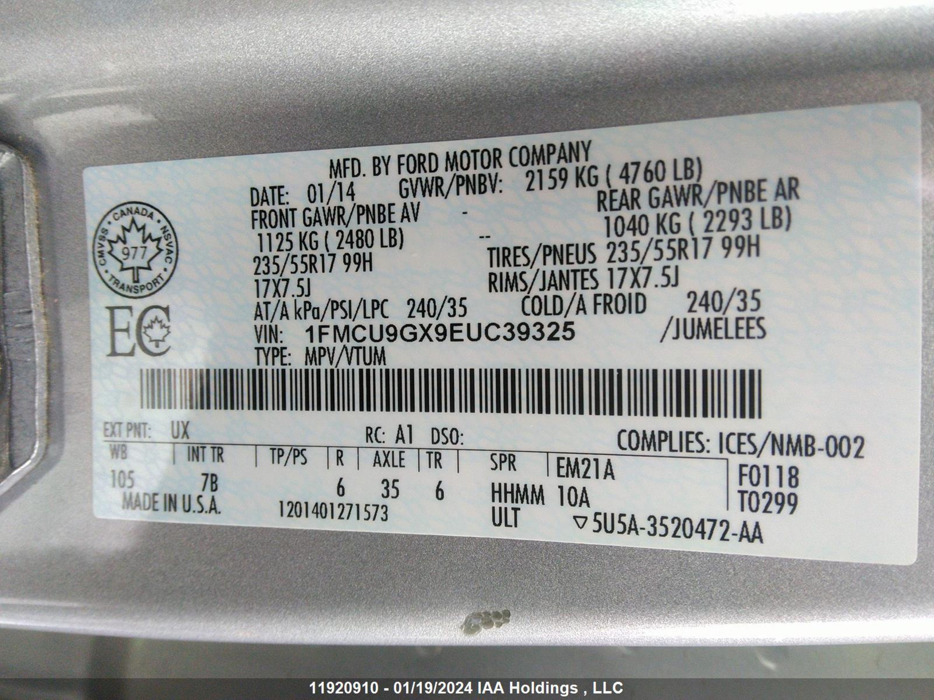 Photo 8 VIN: 1FMCU9GX9EUC39325 - FORD ESCAPE 