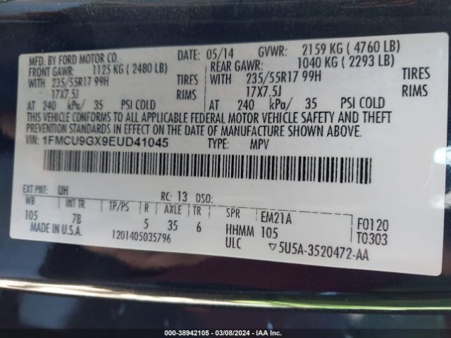 Photo 8 VIN: 1FMCU9GX9EUD41045 - FORD ESCAPE 