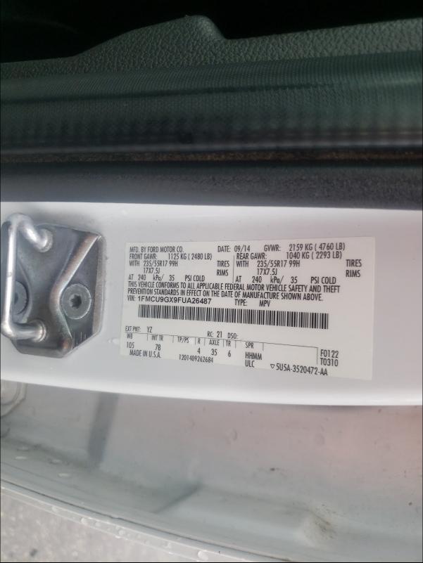 Photo 9 VIN: 1FMCU9GX9FUA26487 - FORD ESCAPE SE 