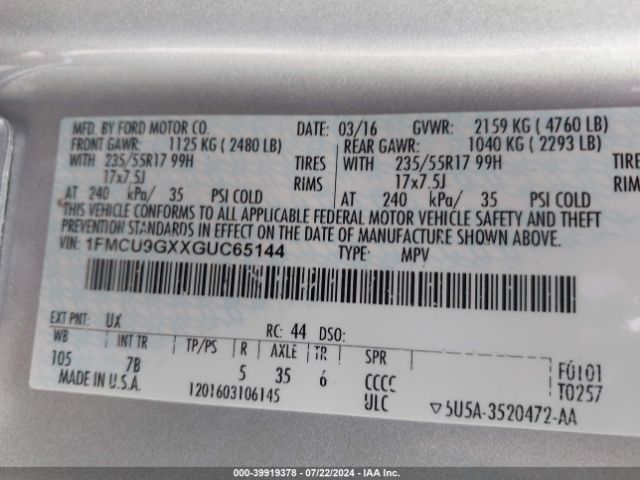 Photo 8 VIN: 1FMCU9GXXGUC65144 - FORD ESCAPE 