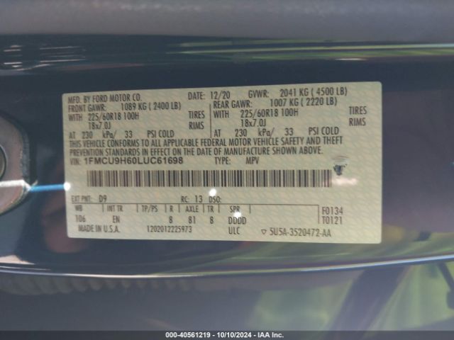 Photo 8 VIN: 1FMCU9H60LUC61698 - FORD ESCAPE 