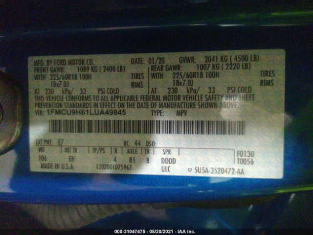 Photo 8 VIN: 1FMCU9H61LUA49845 - FORD ESCAPE 