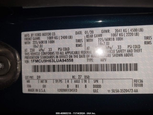 Photo 8 VIN: 1FMCU9H63LUA94558 - FORD ESCAPE 