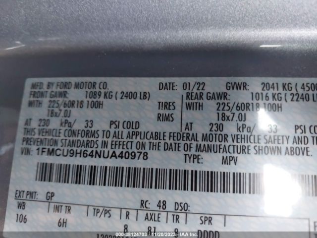 Photo 8 VIN: 1FMCU9H64NUA40978 - FORD ESCAPE 