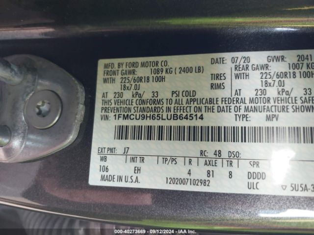 Photo 8 VIN: 1FMCU9H65LUB64514 - FORD ESCAPE 