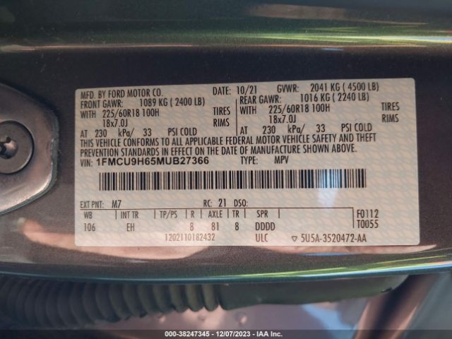 Photo 8 VIN: 1FMCU9H65MUB27366 - FORD ESCAPE 