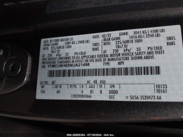 Photo 8 VIN: 1FMCU9H65NUA21498 - FORD ESCAPE 