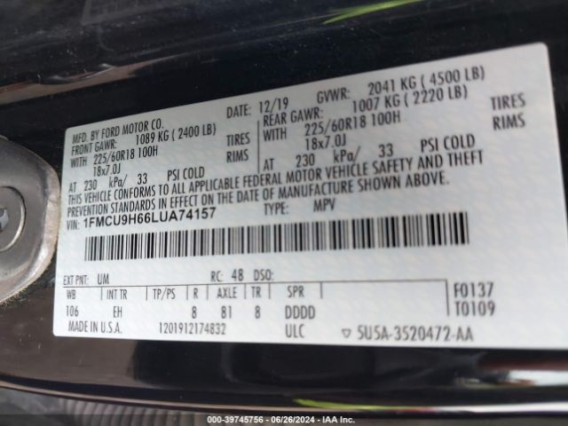 Photo 8 VIN: 1FMCU9H66LUA74157 - FORD ESCAPE 