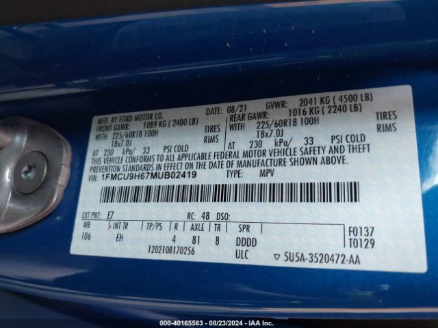 Photo 8 VIN: 1FMCU9H67MUB02419 - FORD ESCAPE 