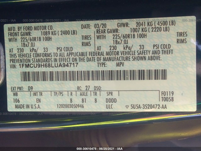 Photo 8 VIN: 1FMCU9H68LUA94717 - FORD ESCAPE 