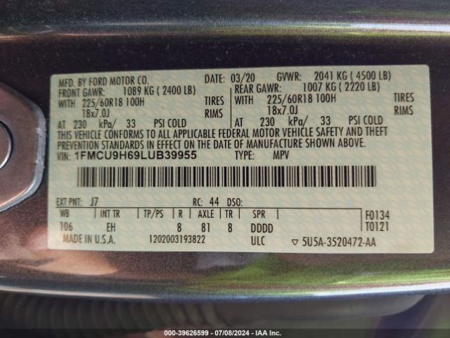 Photo 8 VIN: 1FMCU9H69LUB39955 - FORD ESCAPE 