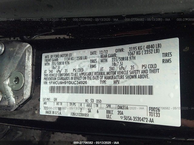 Photo 8 VIN: 1FMCU9H91DUC34926 - FORD ESCAPE 