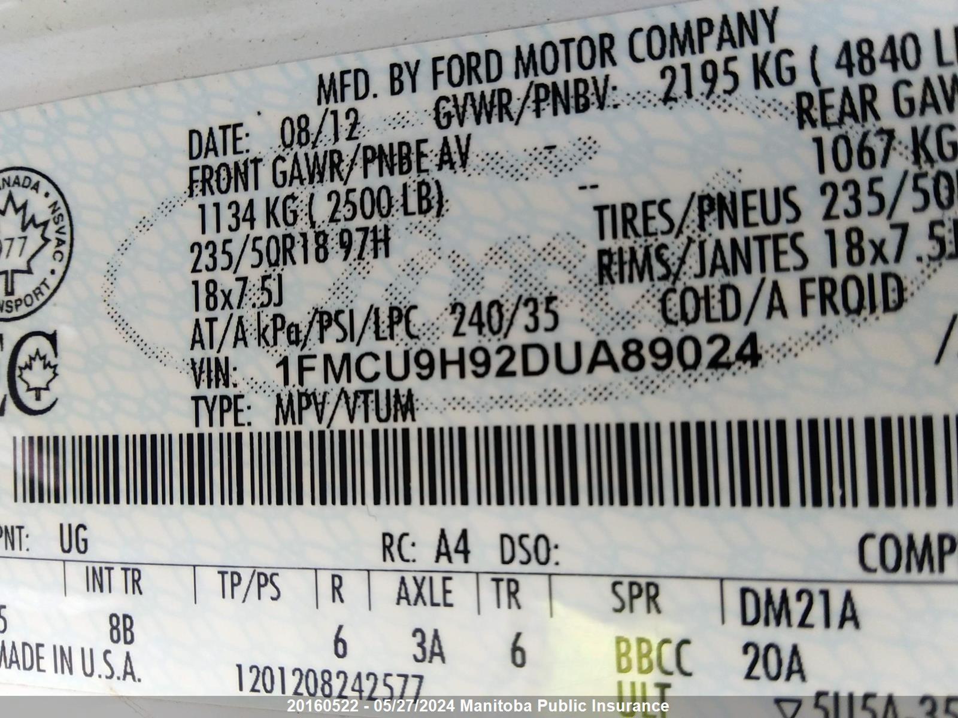 Photo 8 VIN: 1FMCU9H92DUA89024 - FORD ESCAPE 