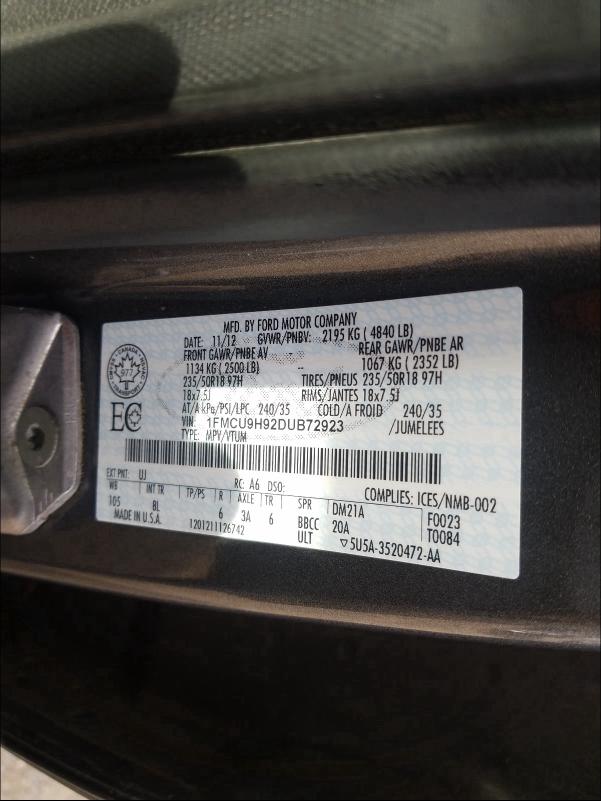 Photo 9 VIN: 1FMCU9H92DUB72923 - FORD ESCAPE SEL 