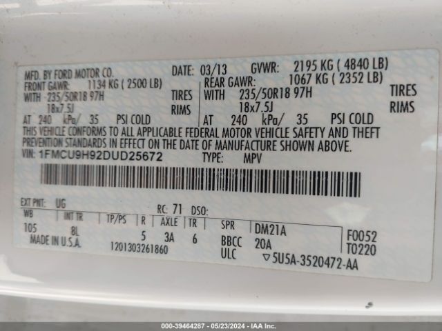 Photo 8 VIN: 1FMCU9H92DUD25672 - FORD ESCAPE 