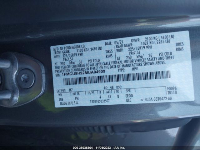 Photo 8 VIN: 1FMCU9H92MUA04909 - FORD ESCAPE 