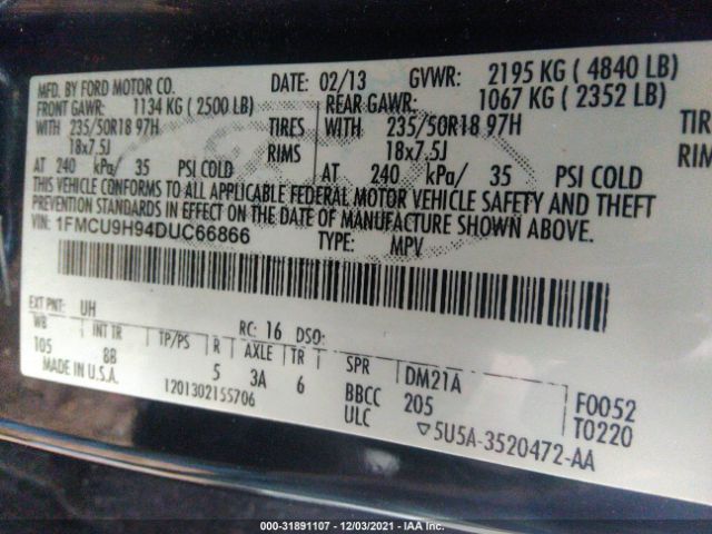 Photo 8 VIN: 1FMCU9H94DUC66866 - FORD ESCAPE 