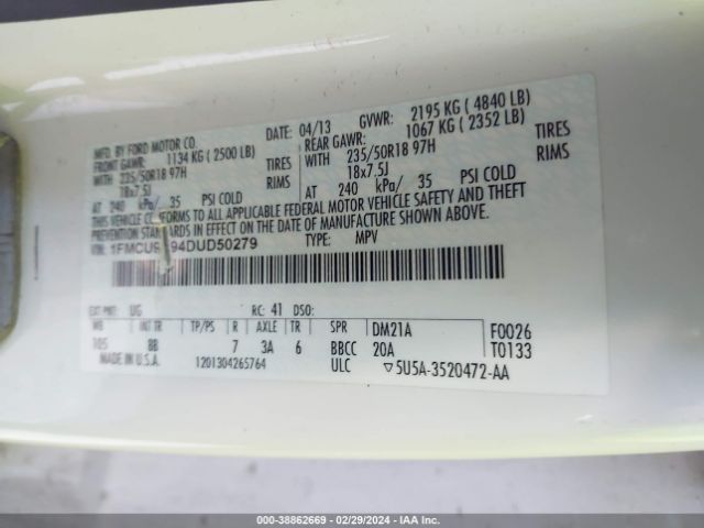 Photo 8 VIN: 1FMCU9H94DUD50279 - FORD ESCAPE 