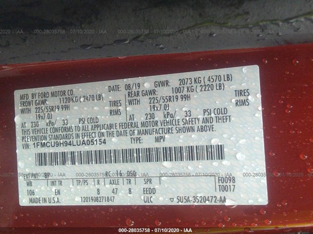 Photo 8 VIN: 1FMCU9H94LUA05154 - FORD ESCAPE 